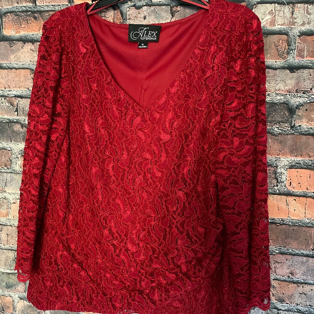 ALEX EVENINGS - Women's Red Overlay Lace Top - Size XL